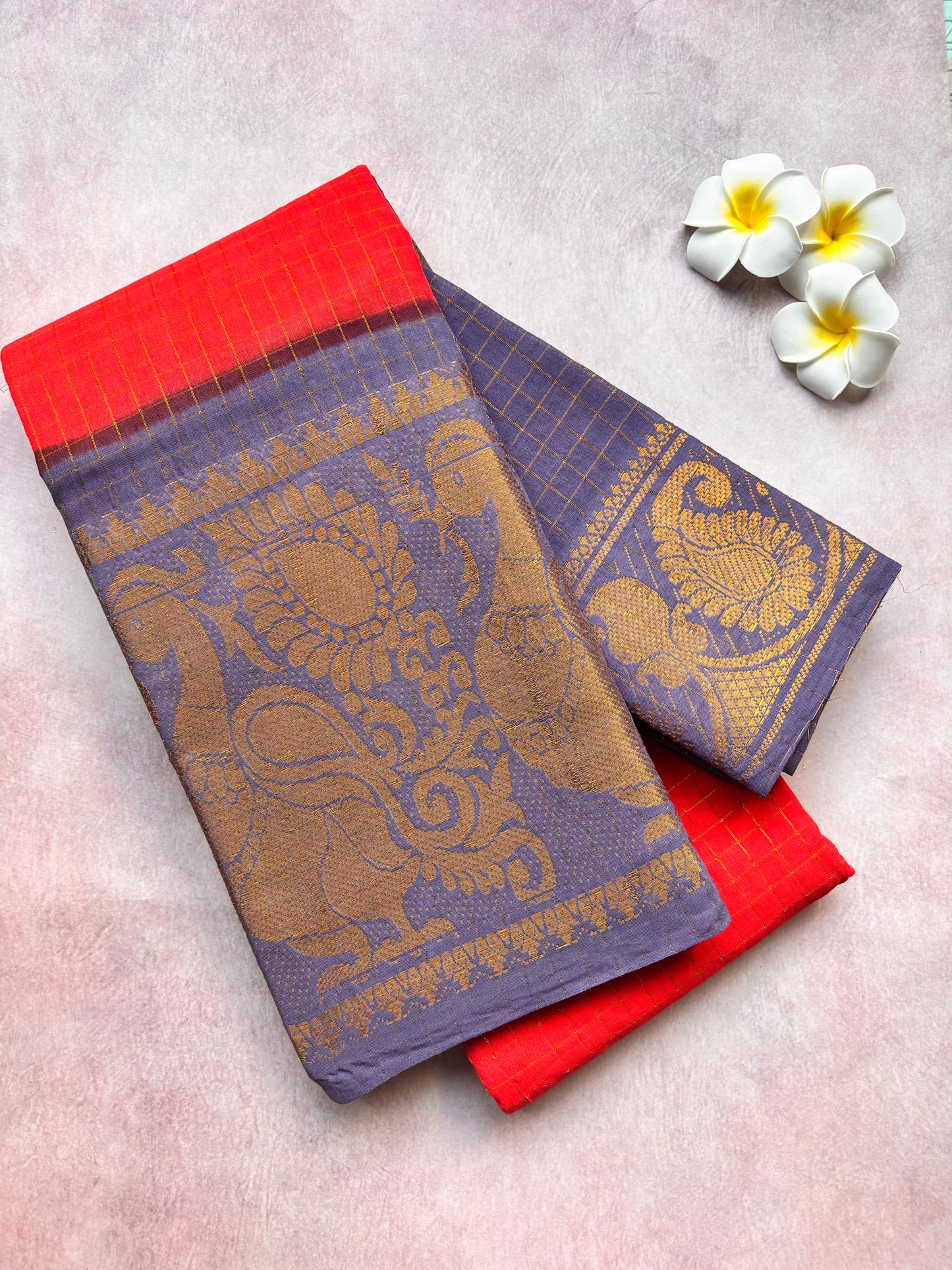 Authentic Sungudi Cotton Saree - Red Sungudi Cotton Saree with Blue-Grey Long Border with blouse
