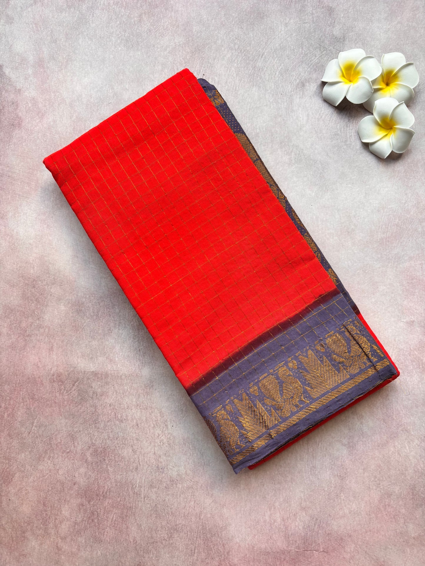 Authentic Sungudi Cotton Saree - Red Sungudi Cotton Saree with Blue-Grey Long Border with blouse