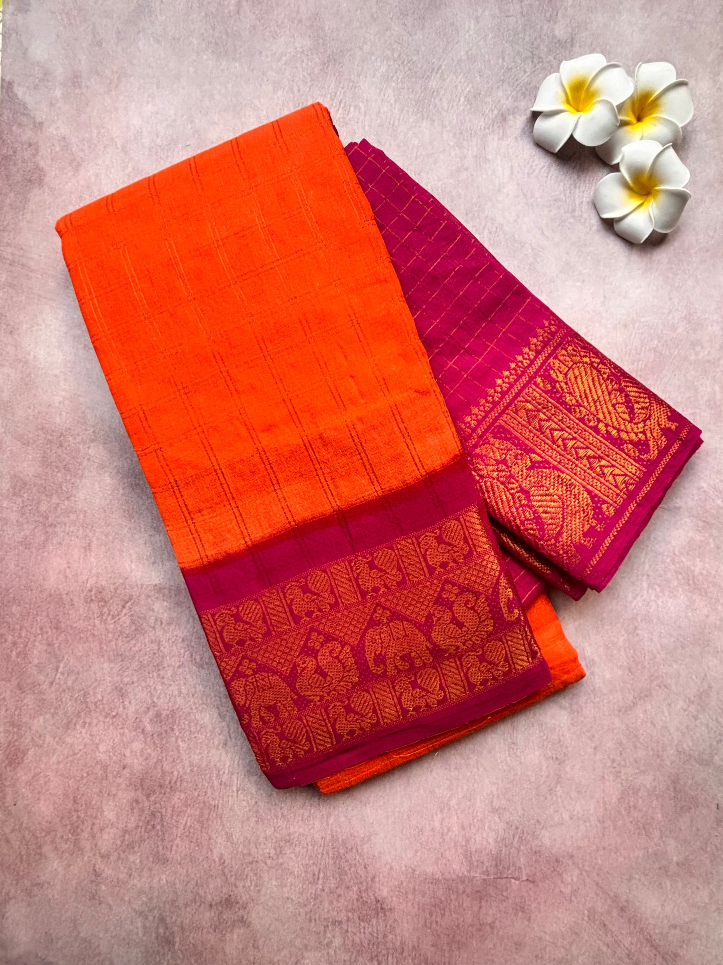 Carrot Orange Kattam Sungudi Cotton Saree with Pink Border