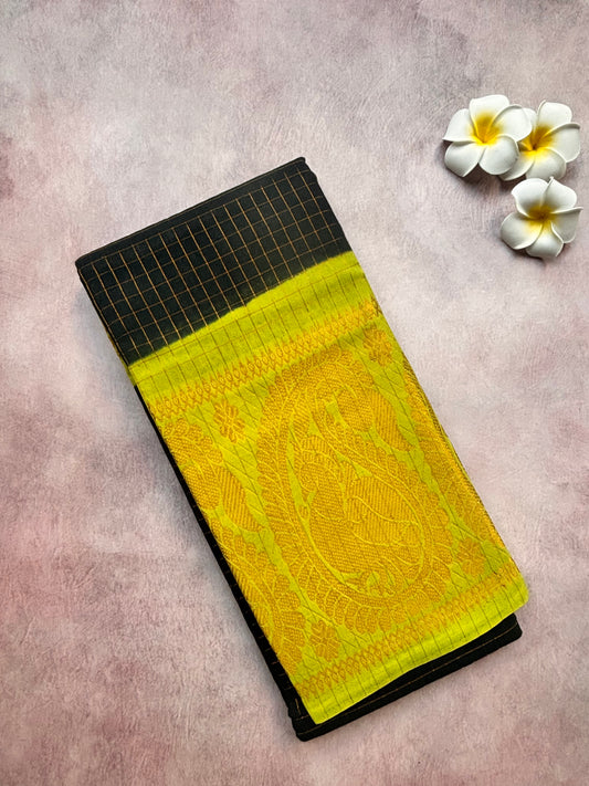 Authentic Sungudi Cotton Saree – Black with Lime Green Long Border (With Blouse)