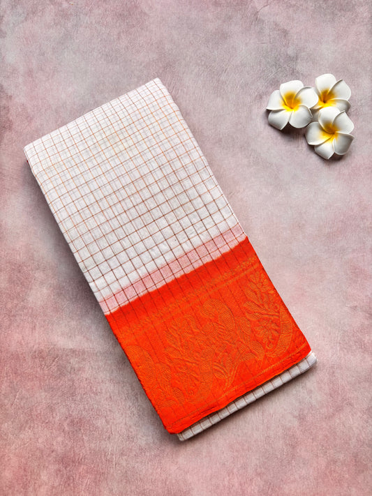 White Checked Sungudi Cotton Saree with Orange Border