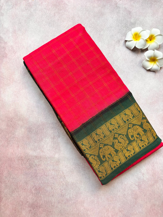 Pink Kattam Sungudi Cotton Saree with Green Border with blouse