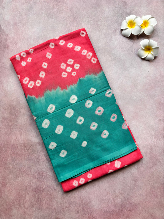 Hand-Knotted Bhandhini Cotton Saree – Magenta with Teal Blue Border (With Blouse)