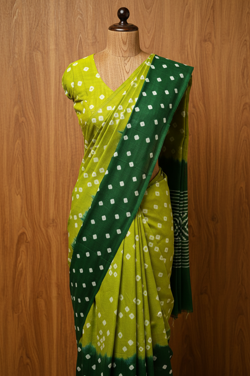 Bandhani Sarees Cotton Parrot Green | Hand-Knotted |  Parrot Green with Dark Green Border | TLL119