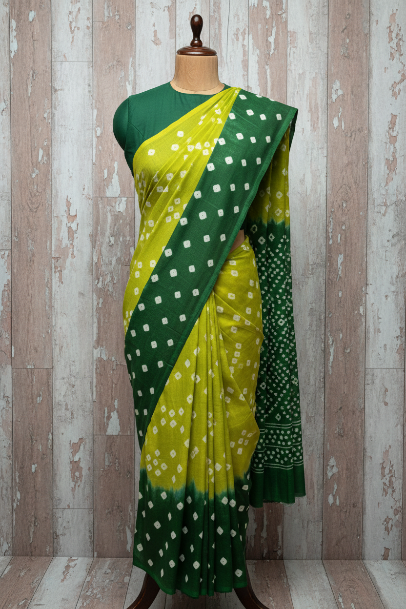 Bandhani Sarees Cotton Parrot Green | Hand-Knotted |  Parrot Green with Dark Green Border | TLL119