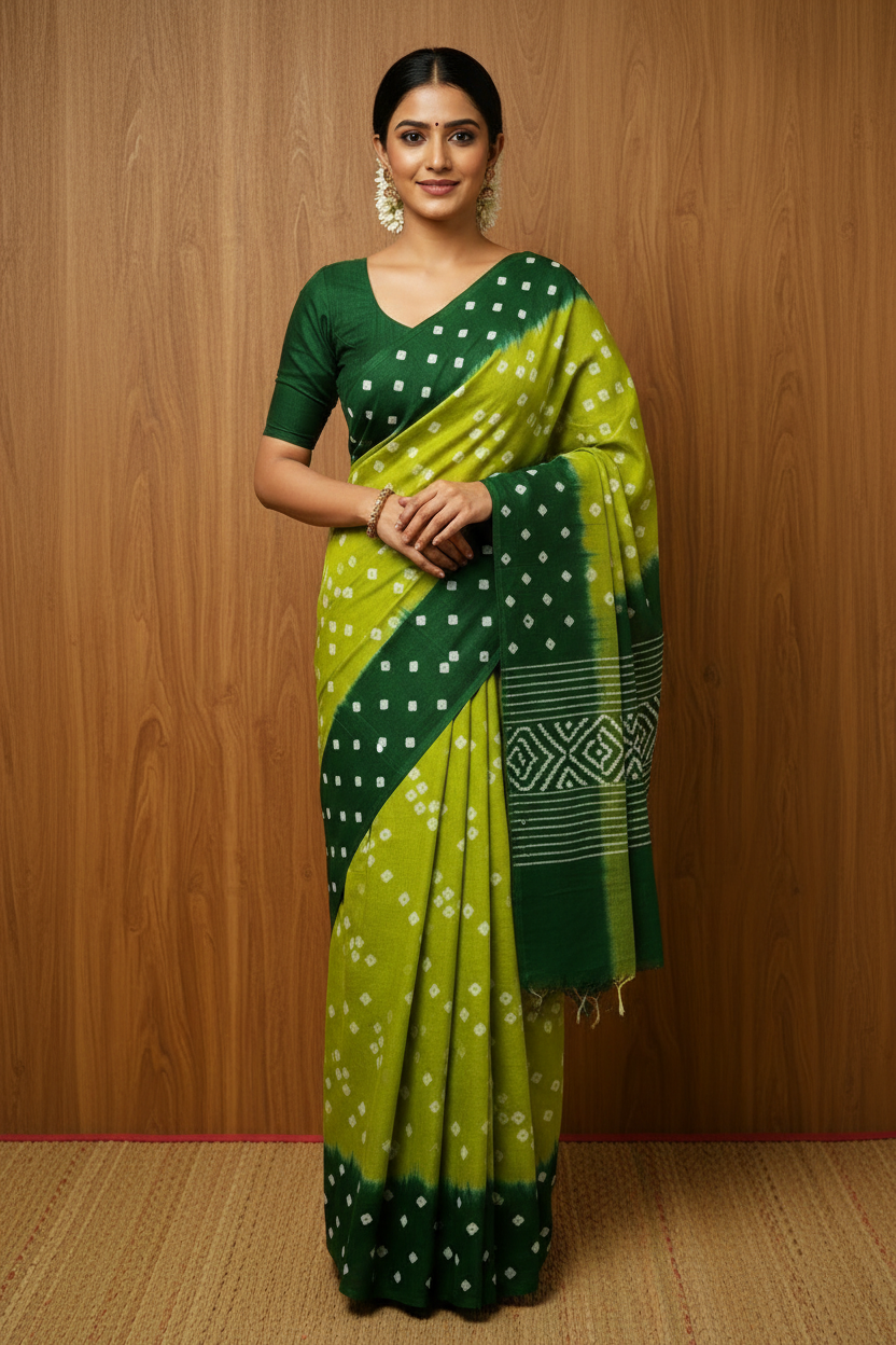 Bandhani Sarees Cotton Parrot Green | Hand-Knotted |  Parrot Green with Dark Green Border | TLL119