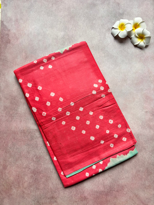 Hand-Knotted Sungudi & Bhandhini Cotton Saree – Pink with Sky Blue (Borderless, With Blouse)