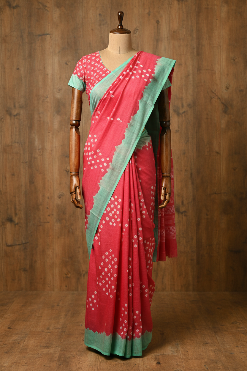 Bandhani Sarees Cotton Pink | Hand-Knotted Sungudi |  | Pink with Sky Blue | TLL120