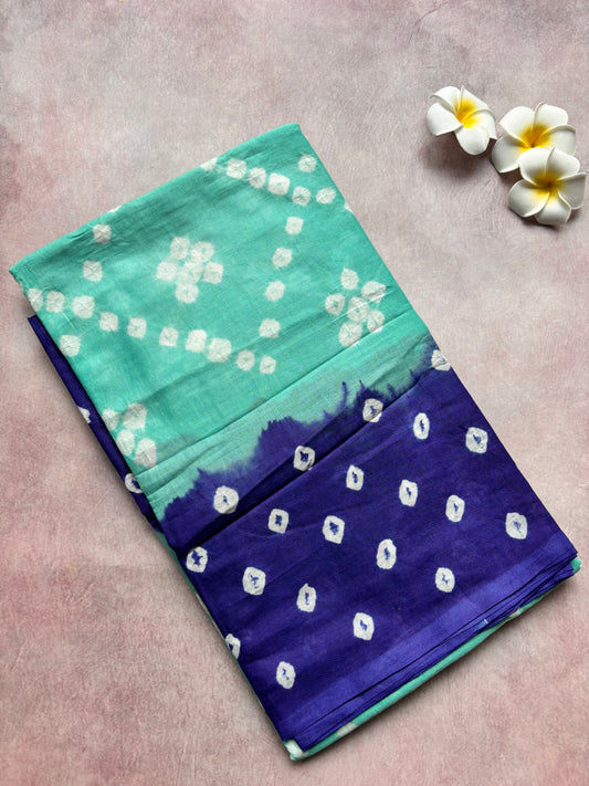 Hand-Knotted Sungudi & Bandhini Cotton Saree – Blue and Royal Blue Mix (With Border &amp; Blouse)
