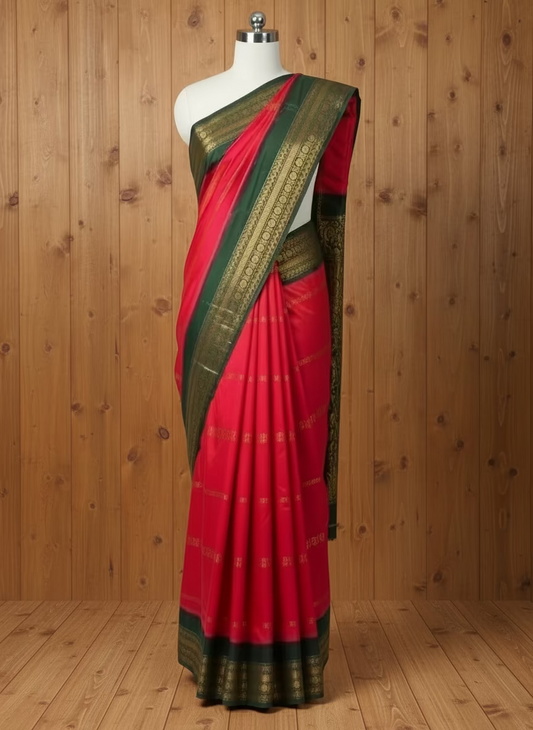 Two traditional sarees with gold patterns on a light pink background