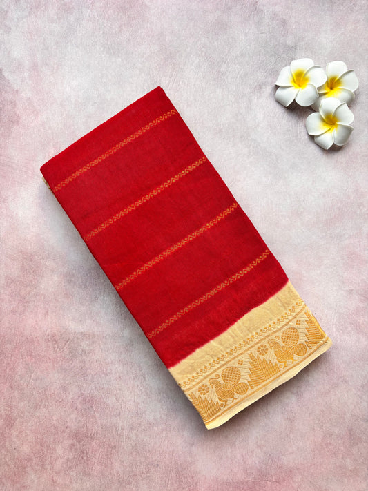 Red Sungudi Velthari Cotton Saree with Cream-White Small Border