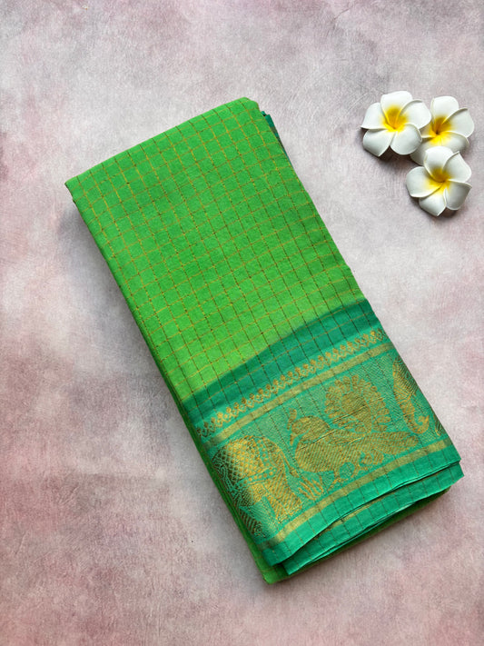 Lime Green Sungudi Cotton Saree with Green Zari-Checked Border - without blouse
