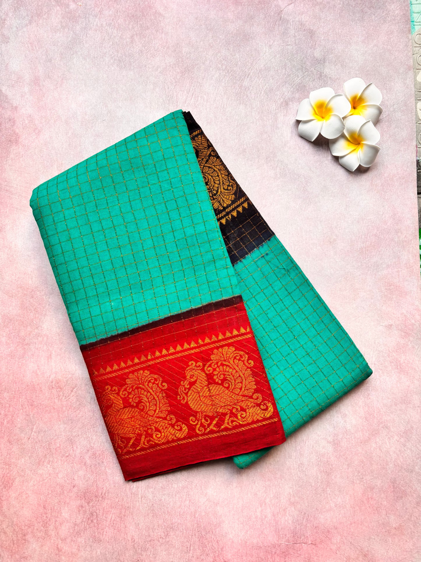 Caribbean Green Sungudi Cotton Saree with Ganga Jamuna Border with  blouse ( black and red) - TLL04