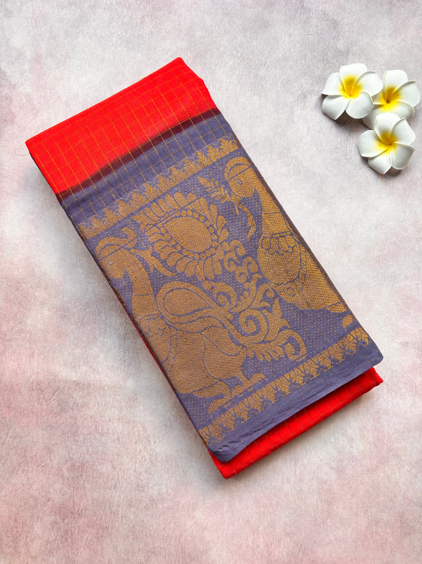 Authentic Sungudi Cotton Saree - Red Sungudi Cotton Saree with Blue-Grey Long Border with blouse