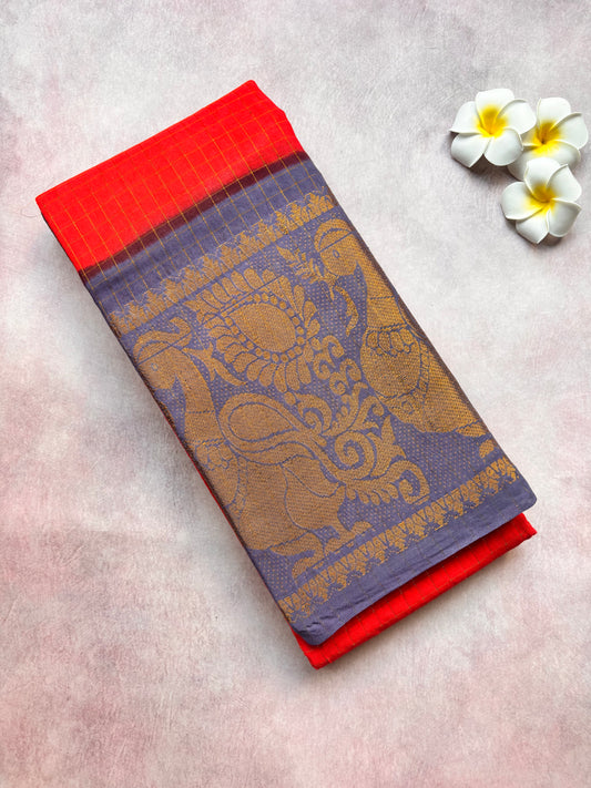 Authentic Sungudi Cotton Saree - Red Sungudi Cotton Saree with Blue-Grey Long Border with blouse