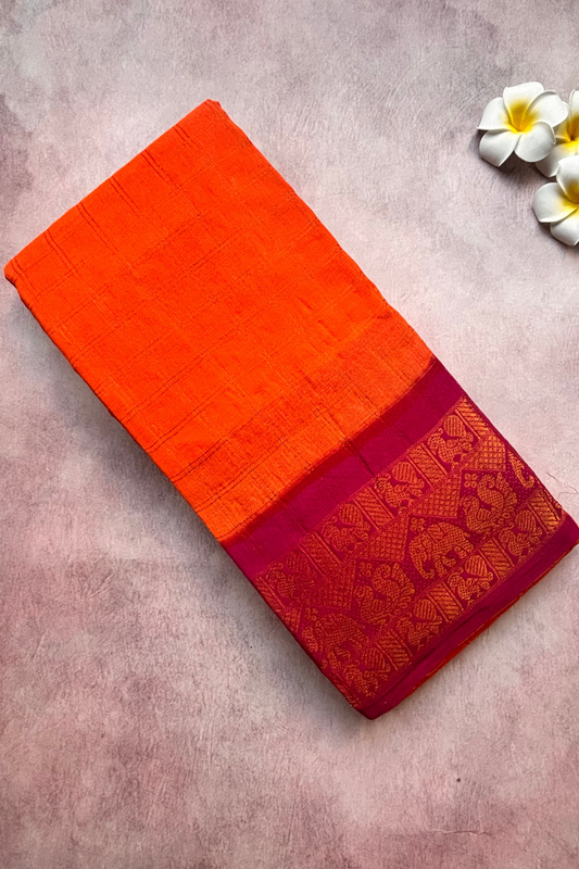 Carrot Orange Kattam Sungudi Cotton Saree with Pink Border