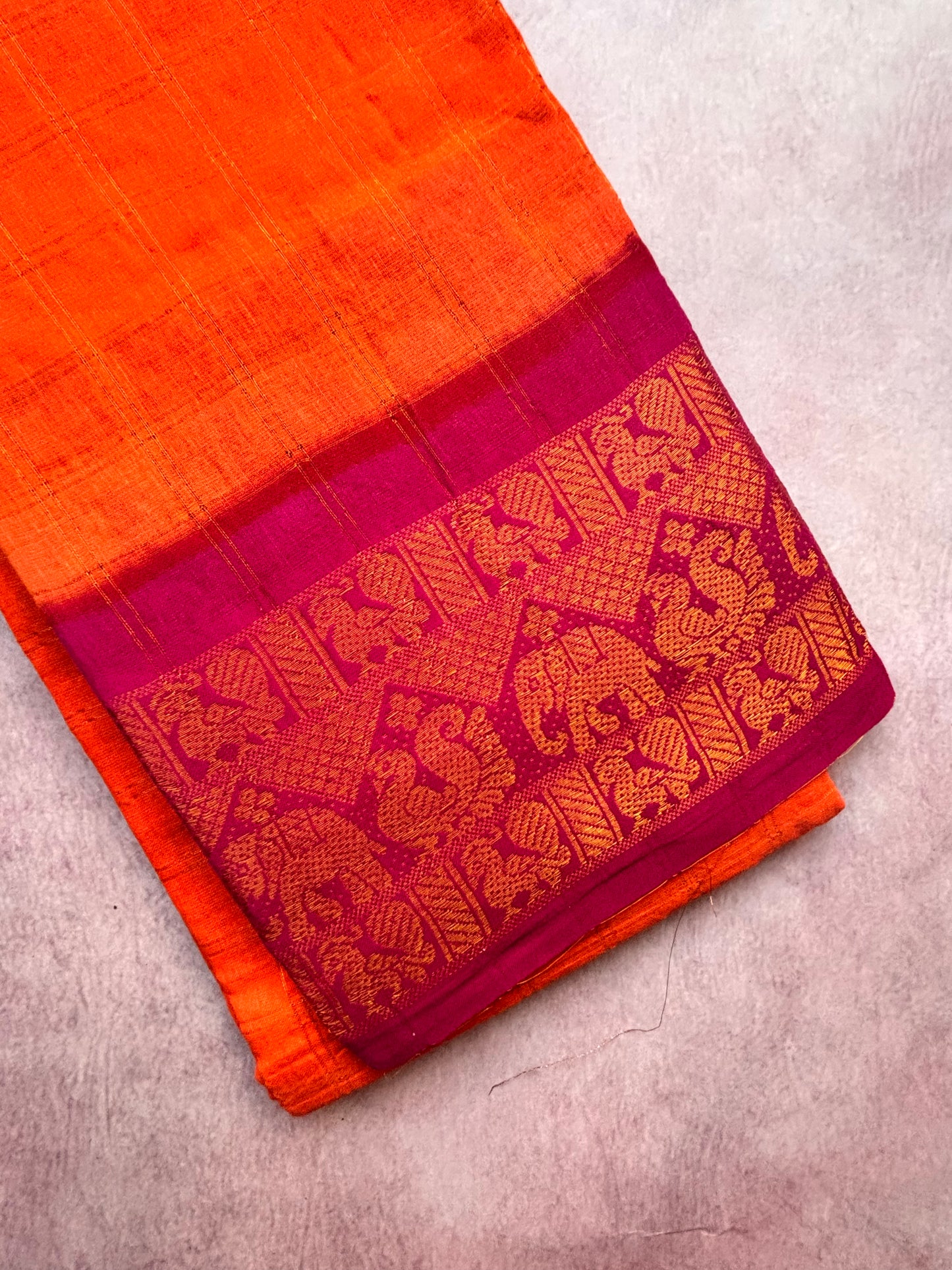 Carrot Orange Kattam Sungudi Cotton Saree with Pink Border
