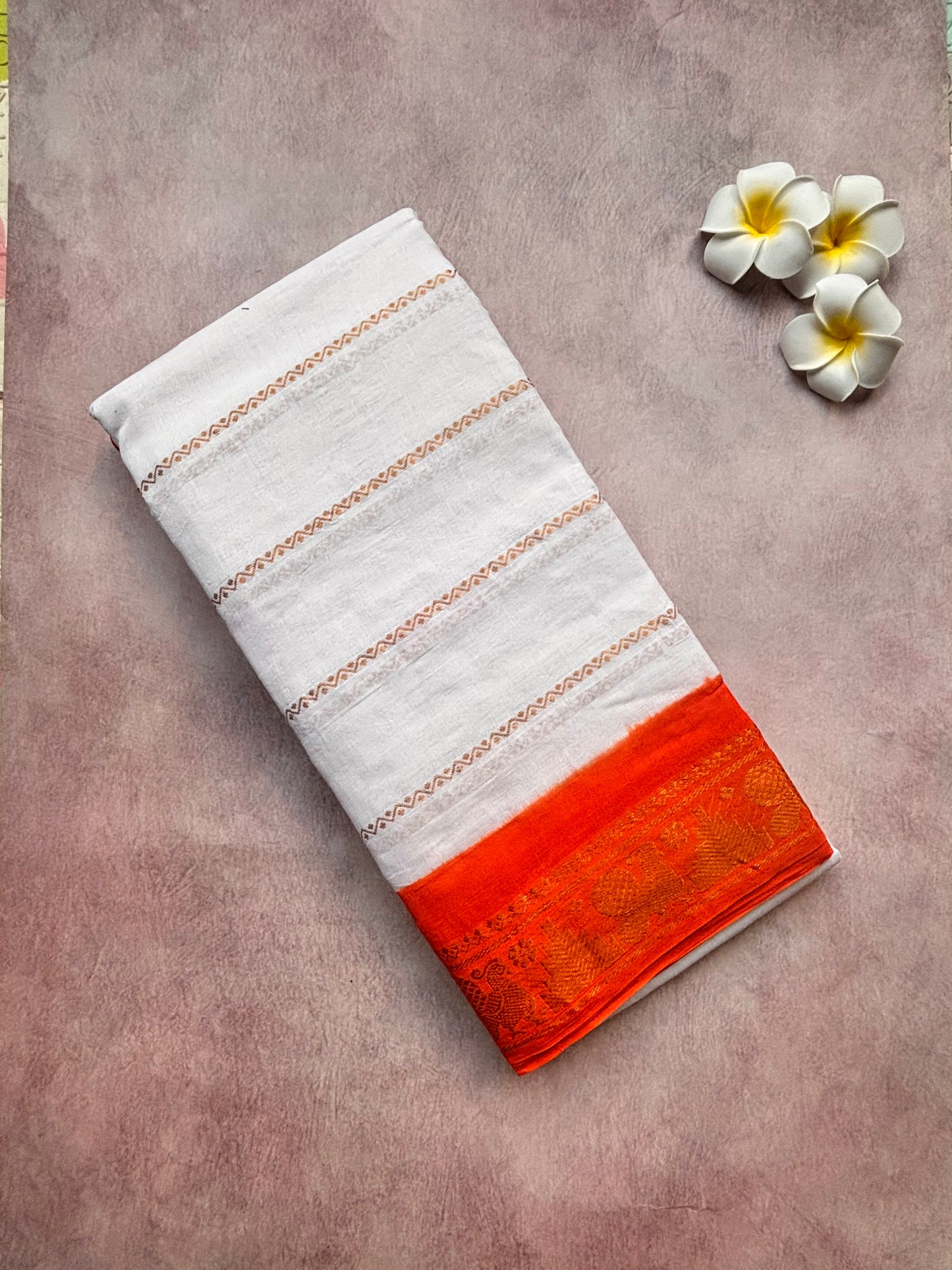 White Sungudi Cotton Saree with Orange Border Velthari  - with blouse