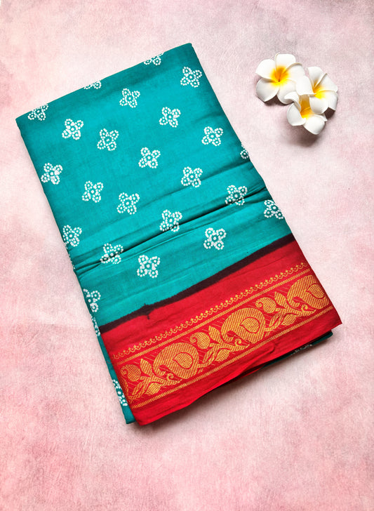 Madurai Sungudi Cotton Saree - Teal Batik with Rich Red flower Border - Authentic Soft Sungudi Cotton Saree