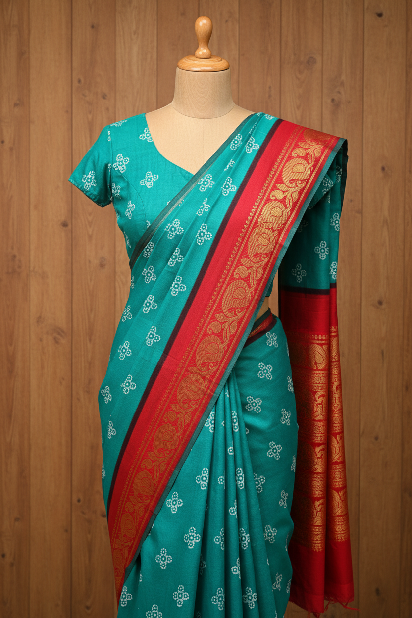 Authentic Soft Sungudi Cotton Saree - Teal Batik  green with Rich Red flower Border - Authentic Soft Sungudi Cotton Saree | TLL090