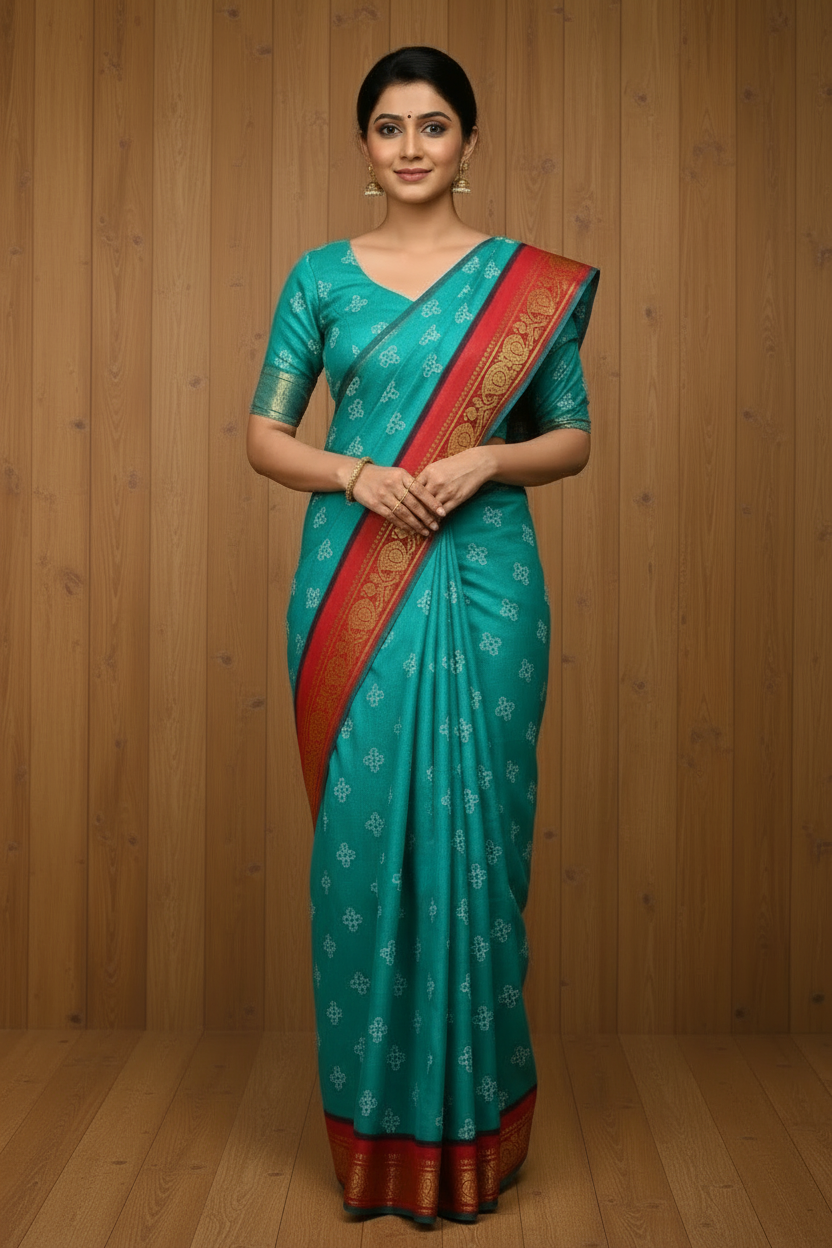 Authentic Soft Sungudi Cotton Saree - Teal Batik  green with Rich Red flower Border - Authentic Soft Sungudi Cotton Saree | TLL090
