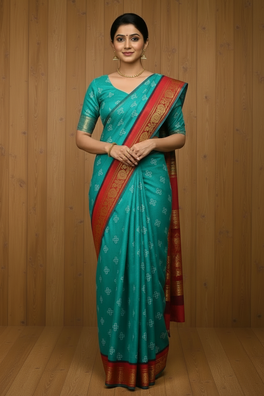 Authentic Soft Sungudi Cotton Saree - Teal Batik  green with Rich Red flower Border - Authentic Soft Sungudi Cotton Saree | TLL090