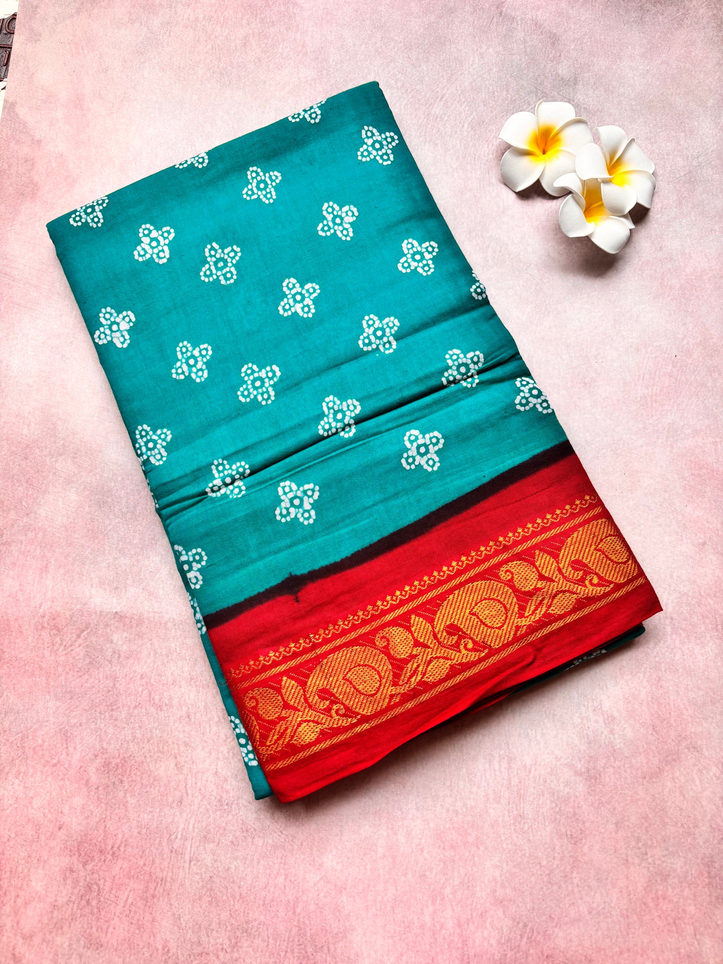 Madurai Sungudi Cotton Saree - Teal Batik with Rich Red flower Border - Authentic Soft Sungudi Cotton Saree