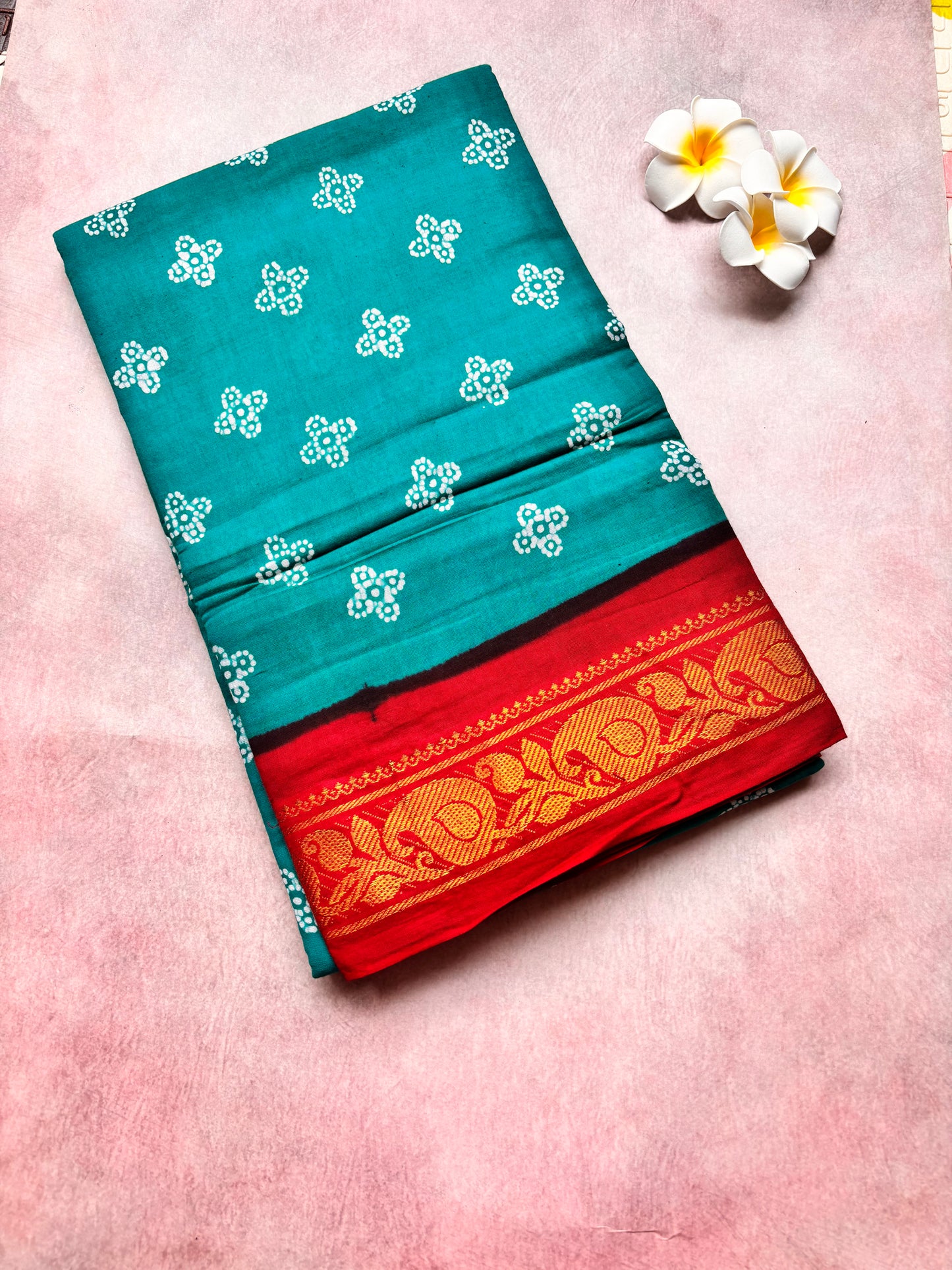 Madurai Sungudi Cotton Saree - Teal Batik with Rich Red flower Border - Authentic Soft Sungudi Cotton Saree