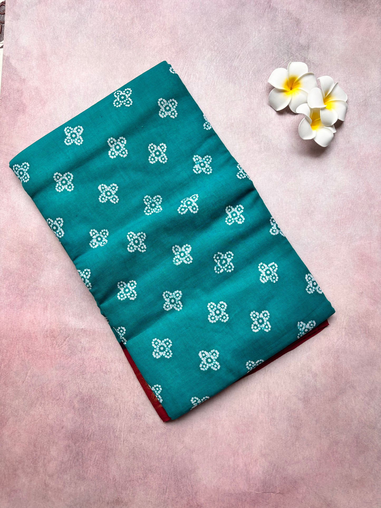 Madurai Sungudi Cotton Saree - Teal Batik with Rich Red flower Border - Authentic Soft Sungudi Cotton Saree