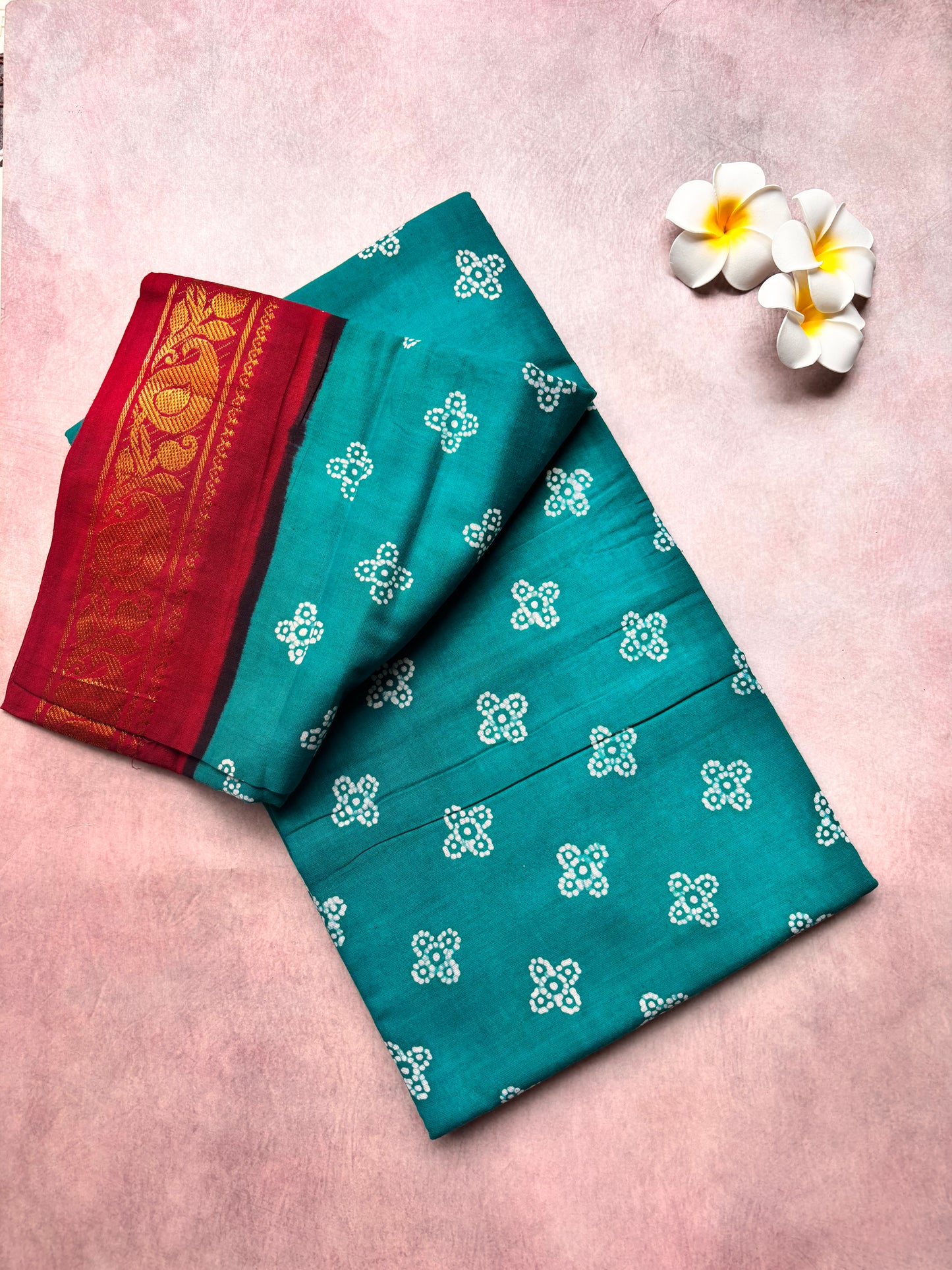 Madurai Sungudi Cotton Saree - Teal Batik with Rich Red flower Border - Authentic Soft Sungudi Cotton Saree