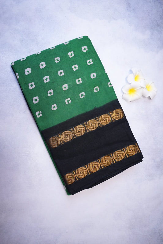 Traditional Wax Round Sungudi Cotton Saree with green and Black Rudraksham Border