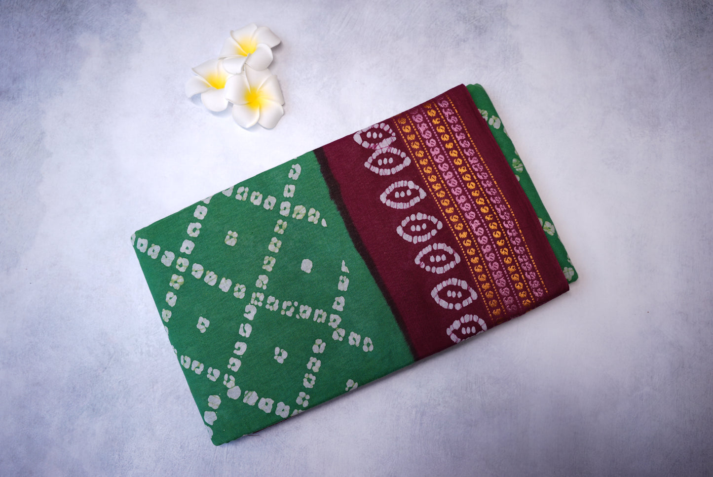 Batik Cross Print Green Saree with Maroon Border