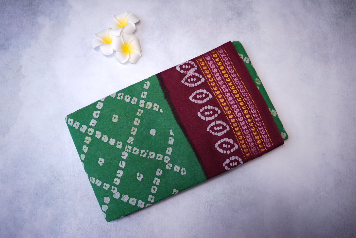 Batik Cross Print Green Saree with Maroon Border