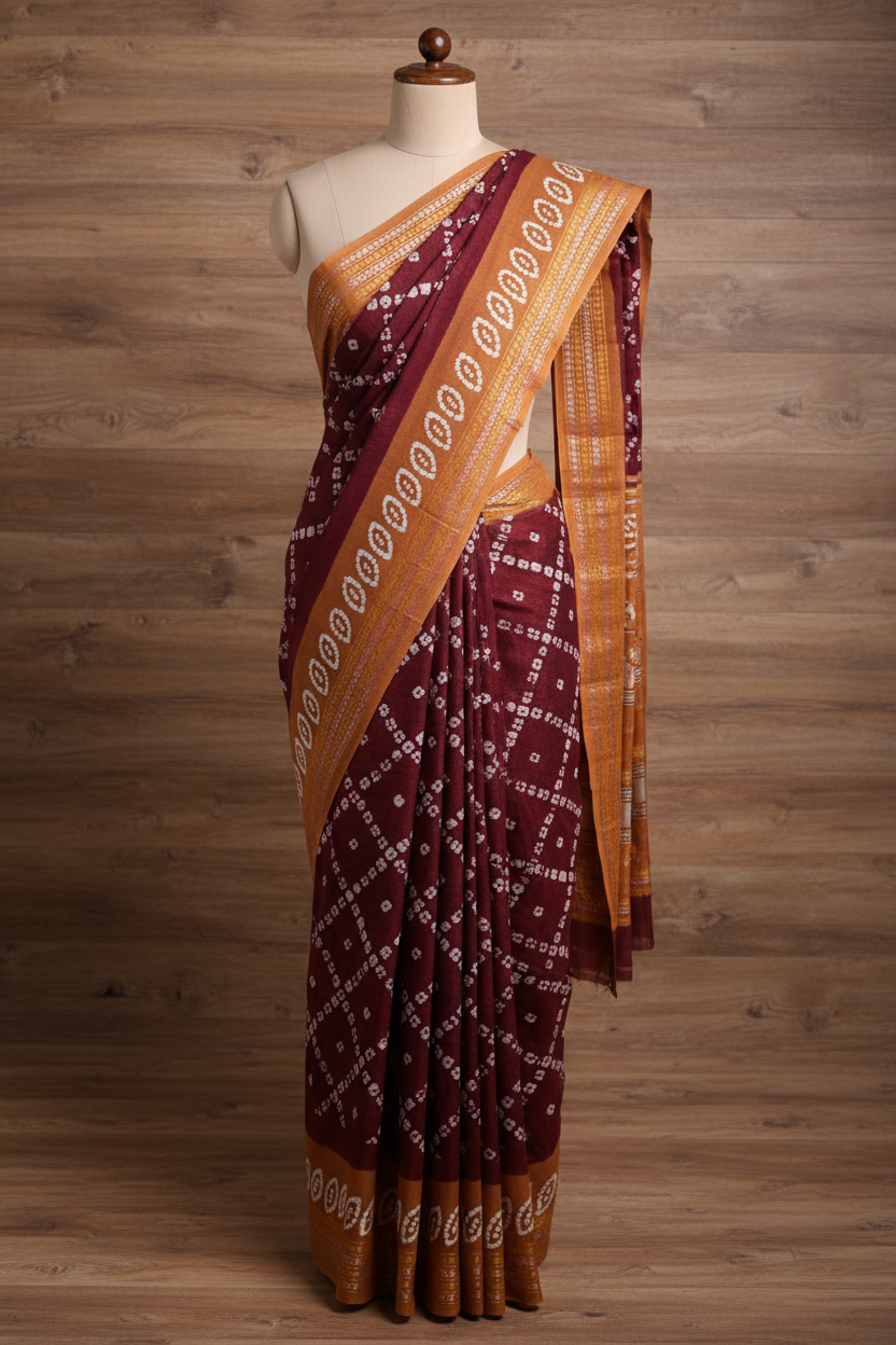 Batik Cross Print Maroon Saree with Orange Border | TLL053