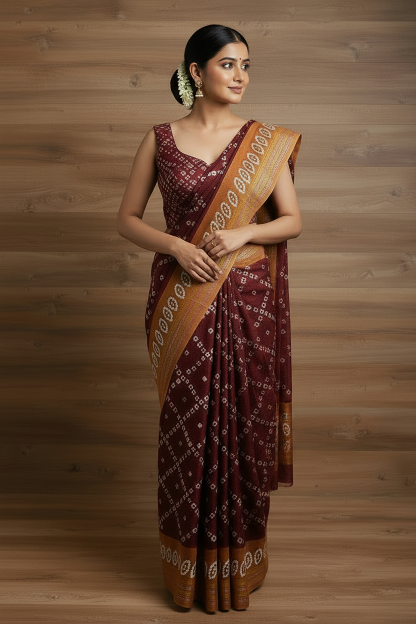 Batik Cross Print Maroon Saree with Orange Border | TLL053