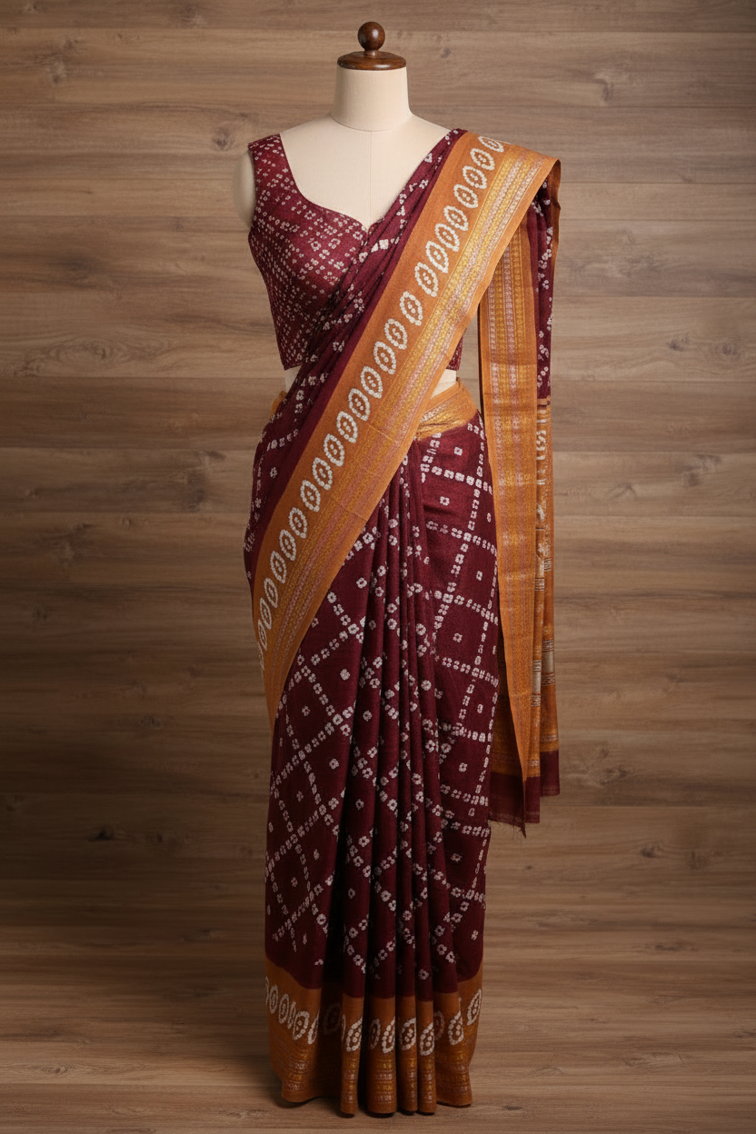 Batik Cross Print Maroon Saree with Orange Border | TLL053
