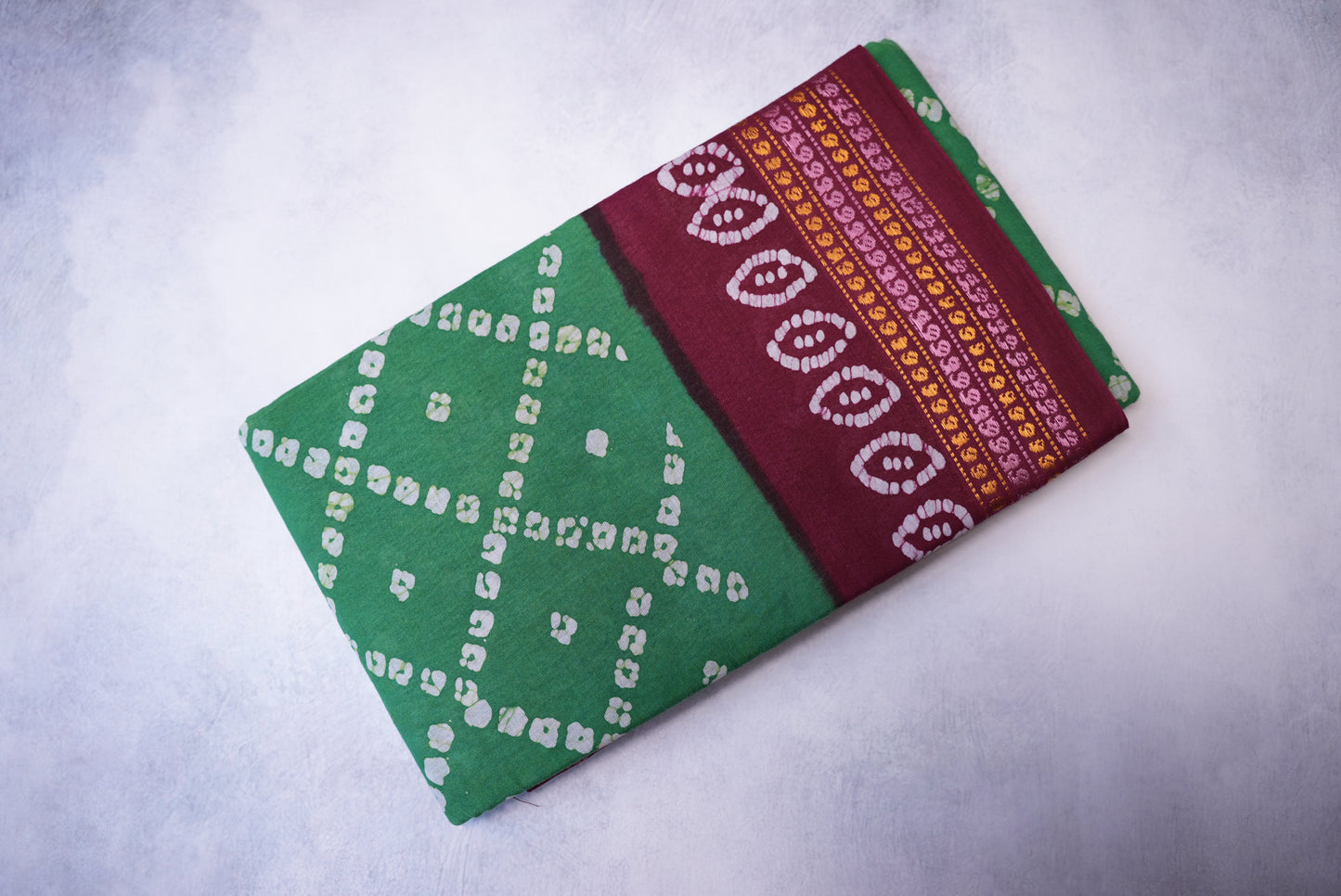 Batik Cross Print Green Saree with Maroon Border