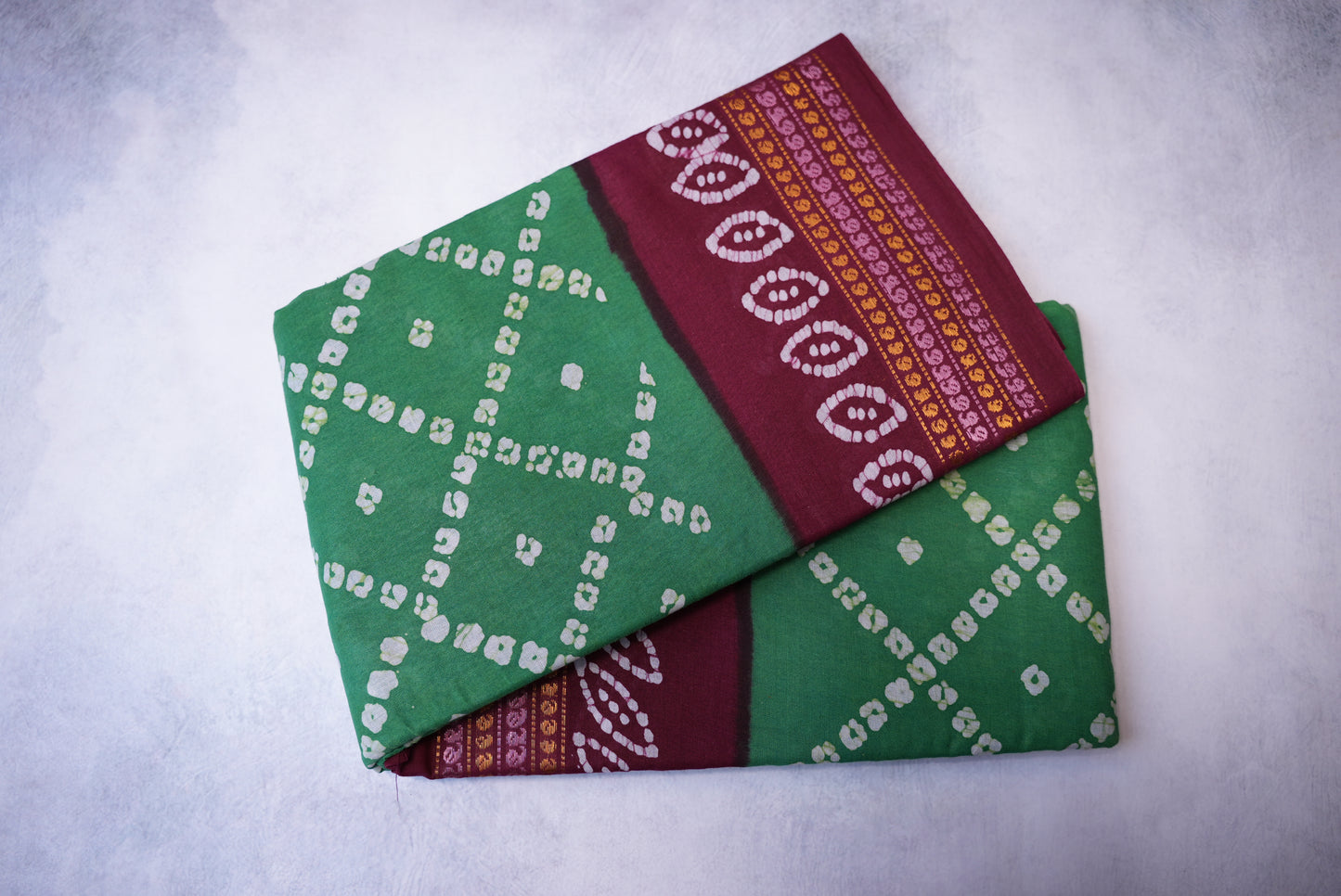 Batik Cross Print Green Saree with Maroon Border