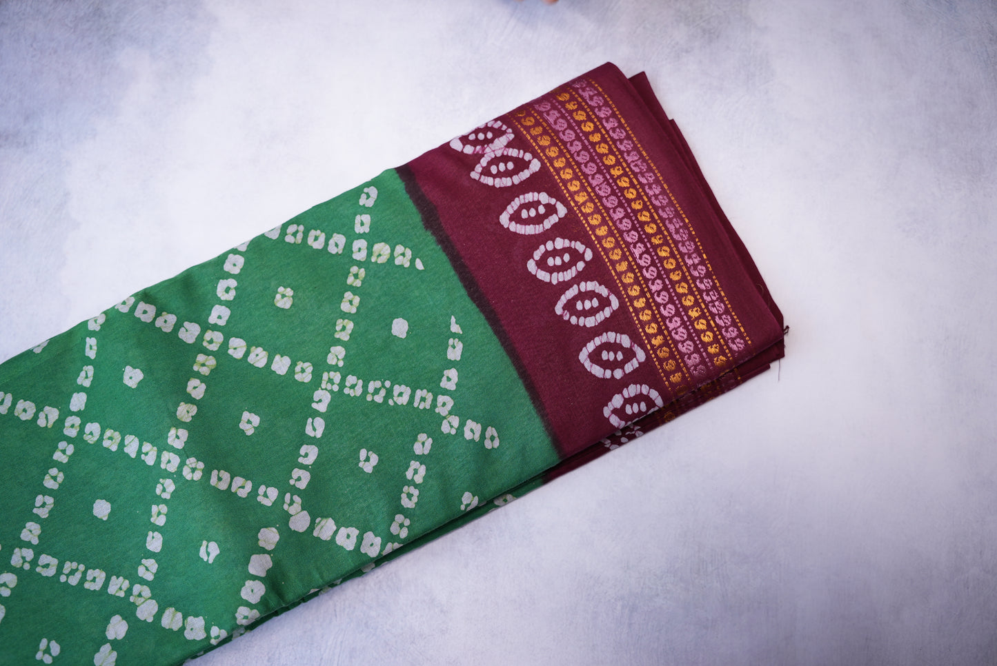 Batik Cross Print Green Saree with Maroon Border