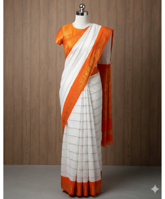 White Sungudi Cotton Saree with Orange Border Velthari  - with blouse